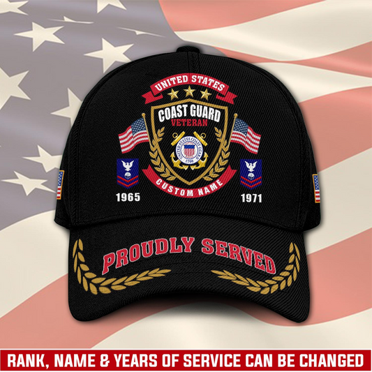 Personalized U.S. Coast Guard Veteran Cap – Custom Name, Rank & Years of Service