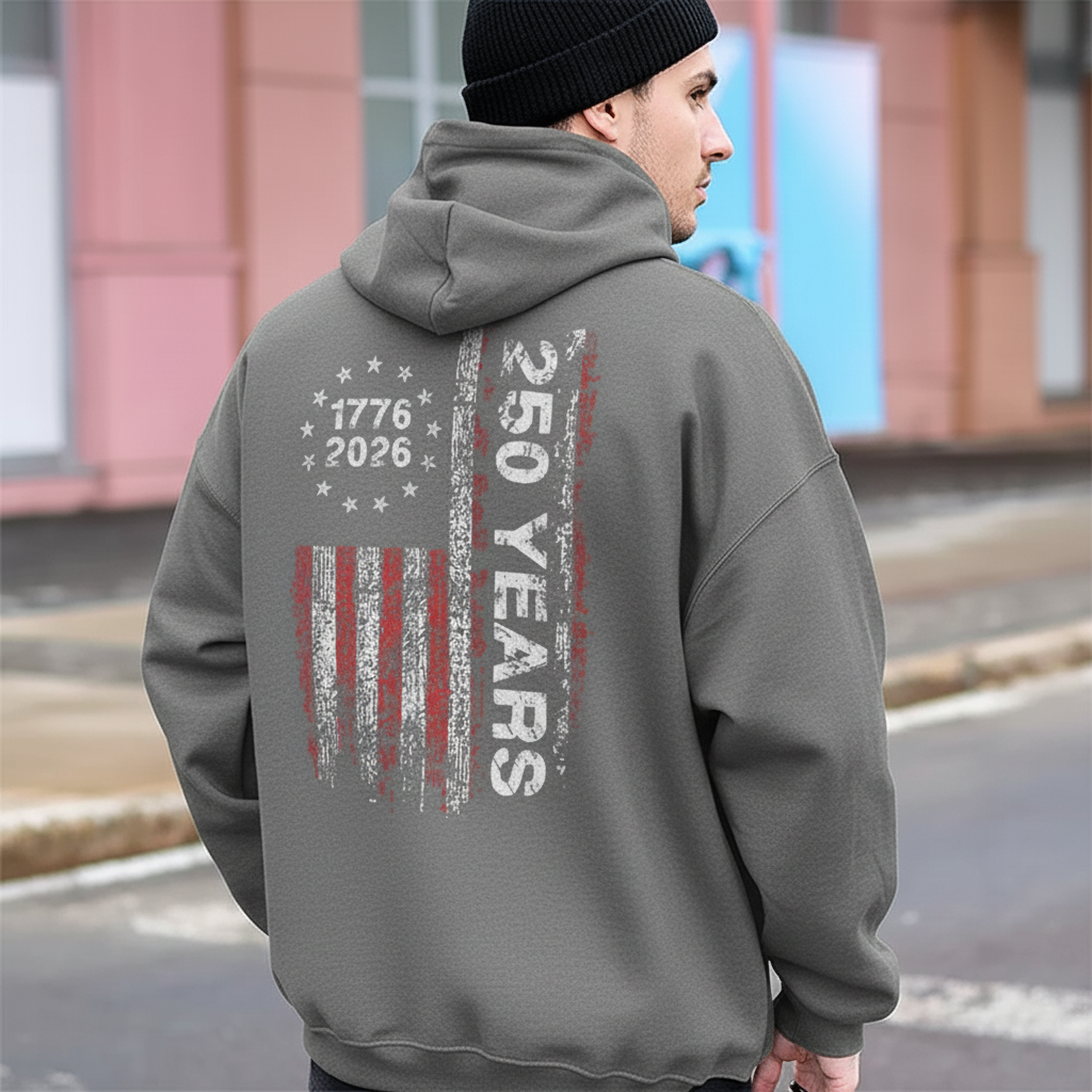 America 250th Birthday US Flag 250 Years We The People Back Side Dark Pullover Hoodie