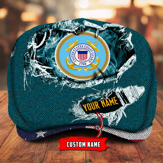 Custom U.S. Coast Guard Jeff Cap – Name, Rank & Service Years Personalized - Distressed denim pattern