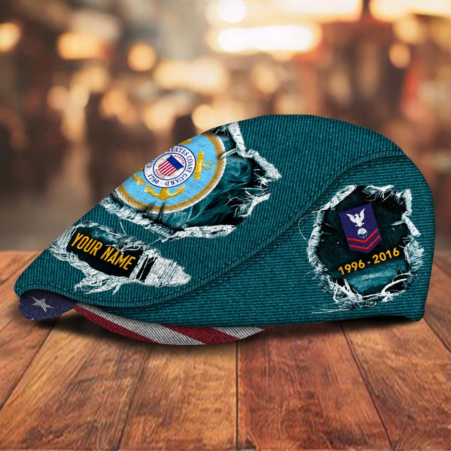 Custom U.S. Coast Guard Jeff Cap – Name, Rank & Service Years Personalized - Distressed denim pattern